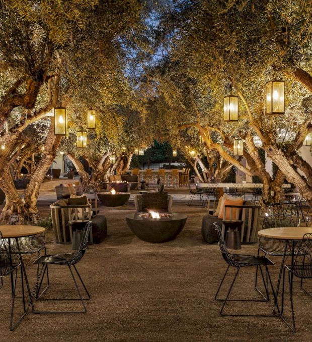 An outdoor dining area featuring tables and chairs under illuminated trees, cozy fire pits, and hanging lanterns, creating a warm and inviting ambiance.