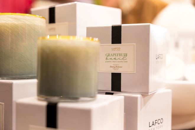 The image shows LAFCO New York candles on display, with one labeled 