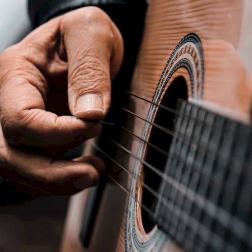 A close-up image of a hand playing the strings of an acoustic guitar, highlighting the intricate detail of the fingers and the instrument.