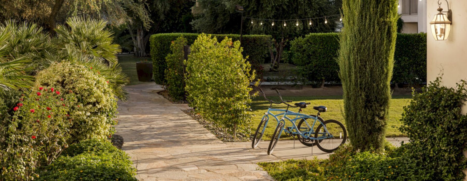 A peaceful garden scene with a stone path, lush greenery, bicycles, string lights, and a mountain in the background under a clear sky.